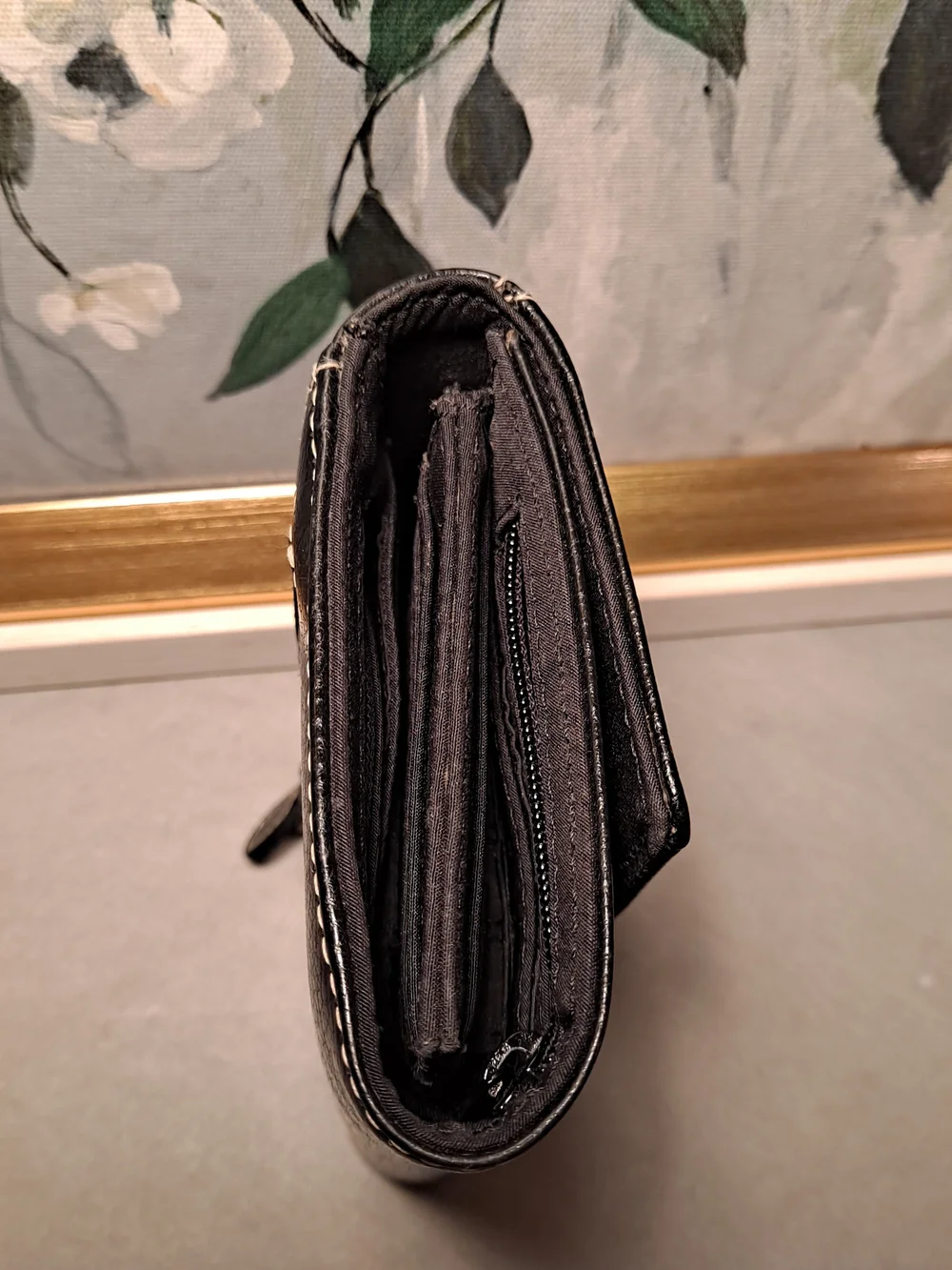 Liz Claiborne Black Faux Leather Trifold   Fold-Over Wallet Contrast Stitching
